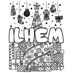 Coloriage prénom ILHEM - décor Sapin et Cadeaux