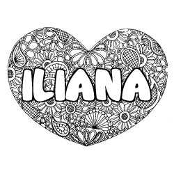 Coloriage pr&eacute;nom ILIANA - d&eacute;cor Mandala coeur