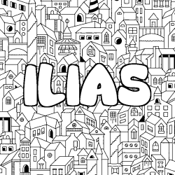 Coloriage pr&eacute;nom ILIAS - d&eacute;cor Ville