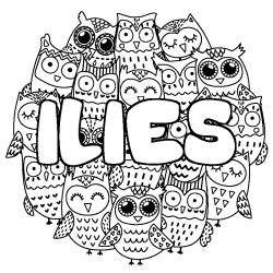 Coloriage pr&eacute;nom ILIES - d&eacute;cor Chouettes