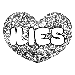 Coloriage pr&eacute;nom ILIES - d&eacute;cor Mandala coeur