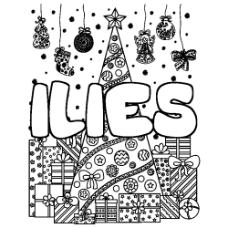 Coloriage pr&eacute;nom ILIES - d&eacute;cor Sapin et Cadeaux