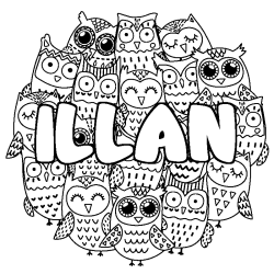 Coloriage pr&eacute;nom ILLAN - d&eacute;cor Chouettes