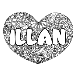 Coloriage prénom ILLAN - décor Mandala coeur