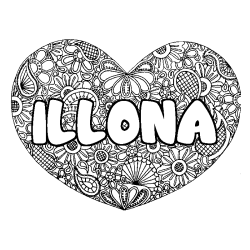 Coloriage pr&eacute;nom ILLONA - d&eacute;cor Mandala coeur