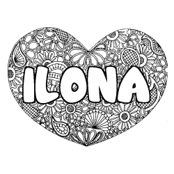 Coloriage pr&eacute;nom ILONA - d&eacute;cor Mandala coeur