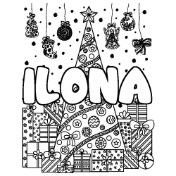Coloriage pr&eacute;nom ILONA - d&eacute;cor Sapin et Cadeaux