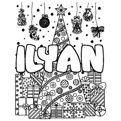 Coloriage prénom ILYAN - décor Sapin et Cadeaux
