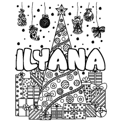 Coloriage prénom ILYANA - décor Sapin et Cadeaux