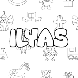 Coloriage pr&eacute;nom ILYAS - d&eacute;cor Jouets