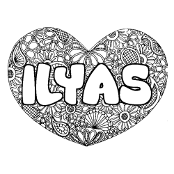 Coloriage pr&eacute;nom ILYAS - d&eacute;cor Mandala coeur