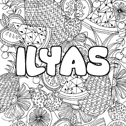 Coloriage prénom ILYAS - décor Mandala fruits