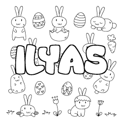 Coloriage prénom ILYAS - décor Paques