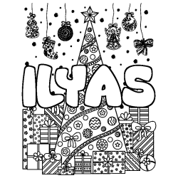 Coloriage prénom ILYAS - décor Sapin et Cadeaux