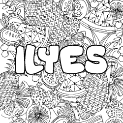 Coloriage pr&eacute;nom ILYES - d&eacute;cor Mandala fruits