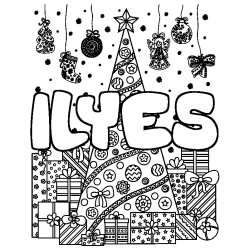 Coloriage pr&eacute;nom ILYES - d&eacute;cor Sapin et Cadeaux