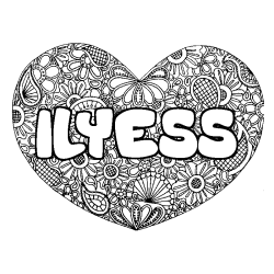 Coloriage pr&eacute;nom ILYESS - d&eacute;cor Mandala coeur