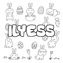 Coloriage pr&eacute;nom ILYESS - d&eacute;cor Paques