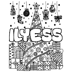 Coloriage pr&eacute;nom ILYESS - d&eacute;cor Sapin et Cadeaux
