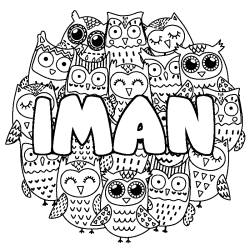 Coloriage pr&eacute;nom IMAN - d&eacute;cor Chouettes