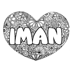 Coloriage pr&eacute;nom IMAN - d&eacute;cor Mandala coeur