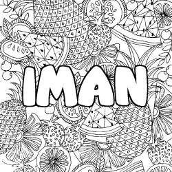Coloriage pr&eacute;nom IMAN - d&eacute;cor Mandala fruits