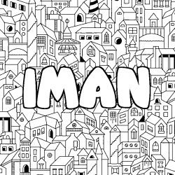 Coloriage pr&eacute;nom IMAN - d&eacute;cor Ville