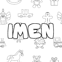 Coloriage pr&eacute;nom IMEN - d&eacute;cor Jouets