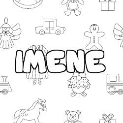 Coloriage pr&eacute;nom IMENE - d&eacute;cor Jouets