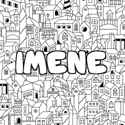 Coloriage pr&eacute;nom IMENE - d&eacute;cor Ville