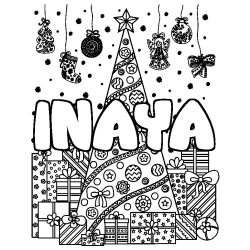 Coloriage prénom INAYA - décor Sapin et Cadeaux