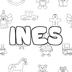 Coloriage prénom INES - décor Jouets