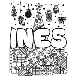 Coloriage INES - d&eacute;cor Sapin et Cadeaux