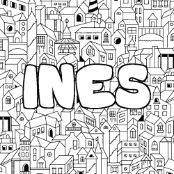 Coloriage prénom INES - décor Ville