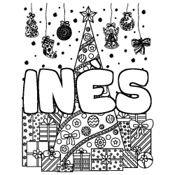 Coloriage pr&eacute;nom IN&Egrave;S - d&eacute;cor Sapin et Cadeaux