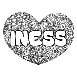 Coloriage pr&eacute;nom INESS - d&eacute;cor Mandala coeur