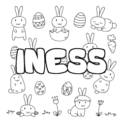 Coloriage pr&eacute;nom INESS - d&eacute;cor Paques