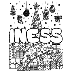 Coloriage pr&eacute;nom INESS - d&eacute;cor Sapin et Cadeaux