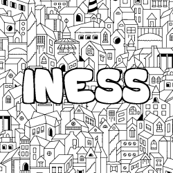 Coloriage pr&eacute;nom INESS - d&eacute;cor Ville