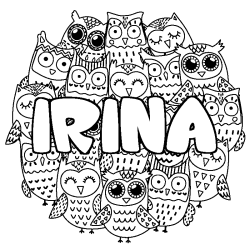 Coloriage prénom IRINA - décor Chouettes
