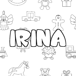 Coloriage pr&eacute;nom IRINA - d&eacute;cor Jouets