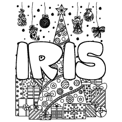 Coloriage prénom IRIS - décor Sapin et Cadeaux