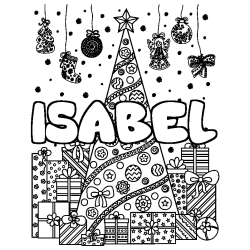Coloriage prénom ISABEL - décor Sapin et Cadeaux