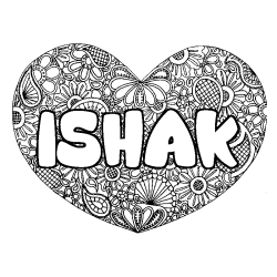 Coloriage pr&eacute;nom ISHAK - d&eacute;cor Mandala coeur