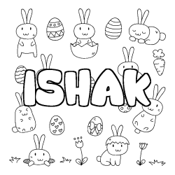 Coloriage pr&eacute;nom ISHAK - d&eacute;cor Paques