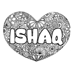 Coloriage pr&eacute;nom ISHAQ - d&eacute;cor Mandala coeur