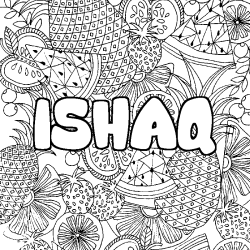Coloriage prénom ISHAQ - décor Mandala fruits