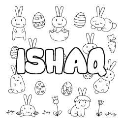 Coloriage pr&eacute;nom ISHAQ - d&eacute;cor Paques