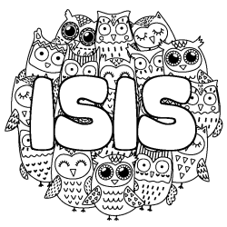 Coloriage pr&eacute;nom ISIS - d&eacute;cor Chouettes