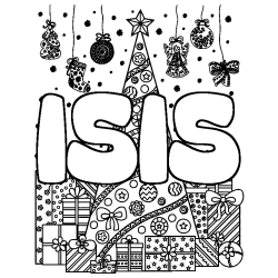 Coloriage prénom ISIS - décor Sapin et Cadeaux